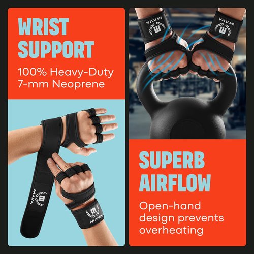 MAVA Open Gym Gloves for Women & Men | Padded Weight Lifting with Wrist Support for Comfort, Protection | Strong-Grip Fingerless Workout | Multi-Use, Anti-Sweat Gym Accessories(Black L)