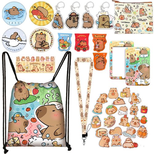 LJJINGXS Capybara Gift Set for Enthusiast, Including Capybara Drawstring Bag, 1 Wallet,1 Sticky Note,1 Lanyard, 4Keychains, 4 Button Pins, 4 Bookmark, 50 Capybara Stickers.