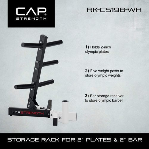 CAP Barbell Olympic Plate Tree Storage Rack for Weights and Bar, White