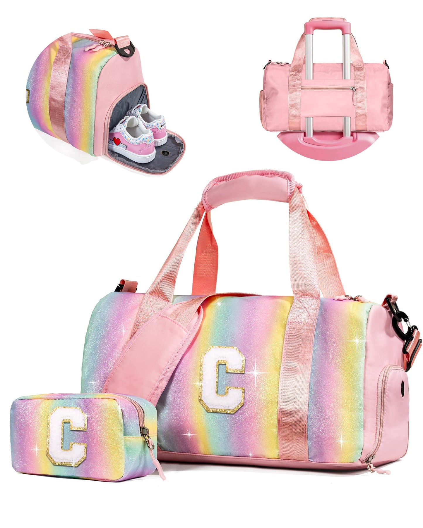 Vogewood Gifts for 3 4 5 6 7 8 9 Year Old Girls-Girl Gym Bag with Shoe Compartment, Kid Personalized Weekender Overnight Bags, Initial Travel Tote with Makeup Pouch, Easter Gift for Teen (Letter C)