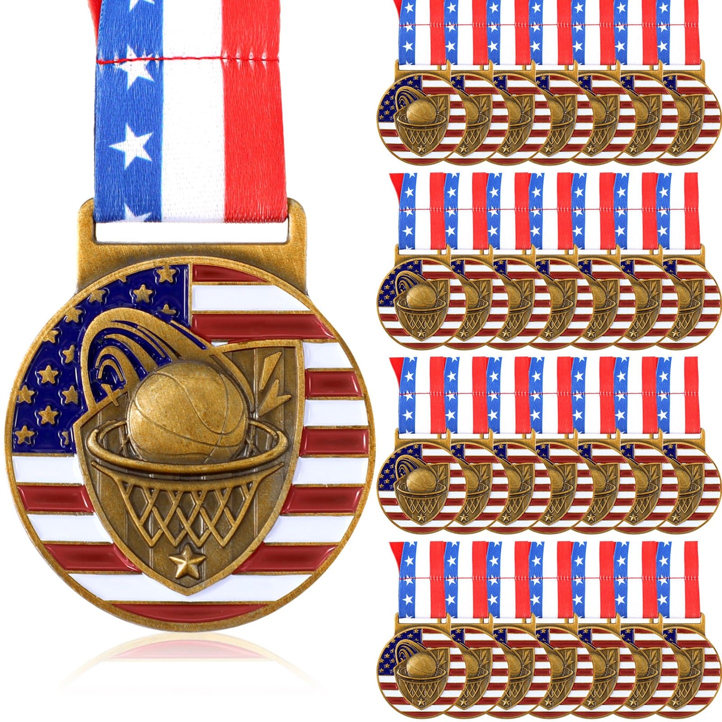 Loetere 30 Pieces Basketball Patriotic Medal Gold Medal Bulk Basketball Trophy with Neck Ribbon Spirit Medallion with Stars Stripes American Flag for Sports Trophy Participation Winner Gift