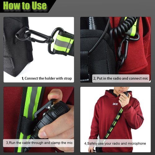 High-Visibility Reflective Shoulder Strap for Two-Way Radio Holster, Convert Clip-On Holster to Crossbody Carry, Mic Cable Management & Secure Clip Holder, Adjustable with Heavy-Duty Hook Clips