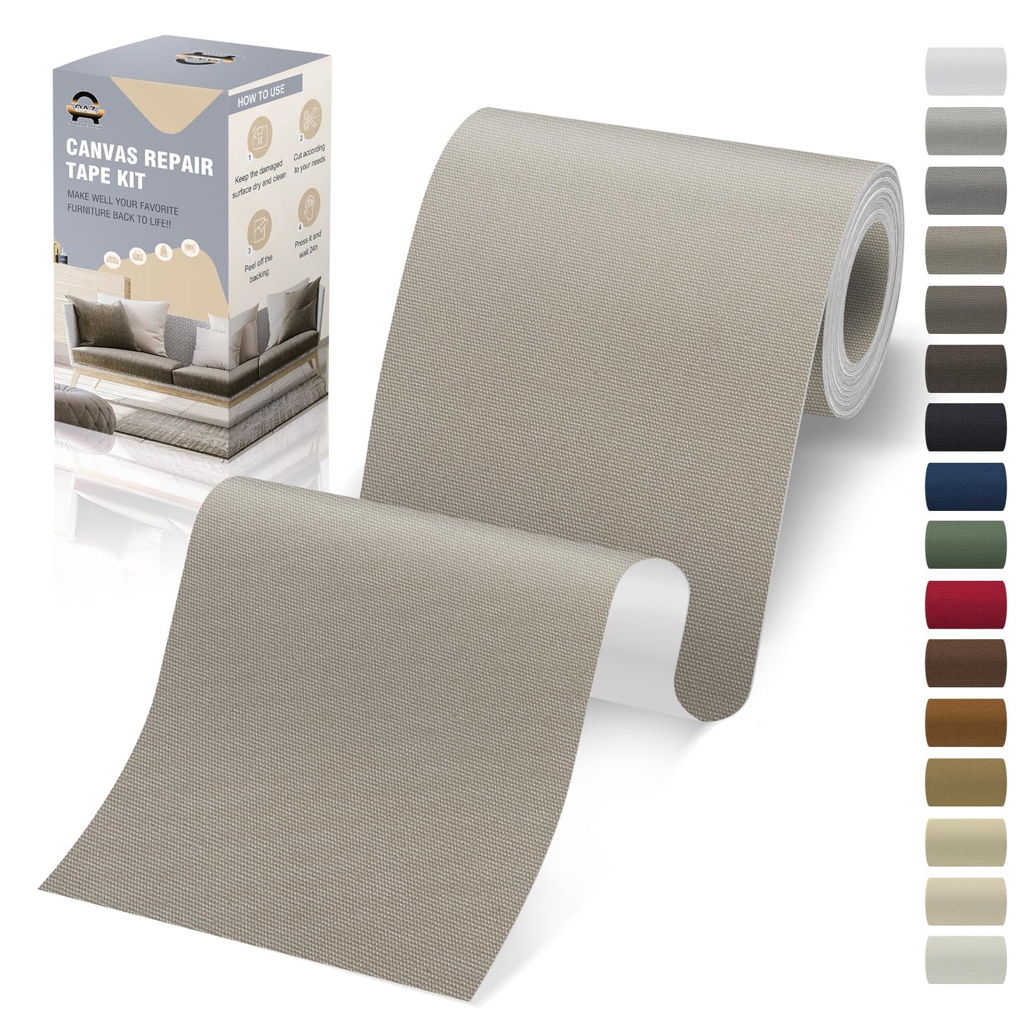 OAZ 4 x 79 inch Canvas Repair Patches Fabric Patch Self-Adhesive Canvas Repair Tape Waterproof Outdoor Gear Patch Kit for Boat Cover Awning Sofa Chair Couch Tent Bag (Ivory Gray)