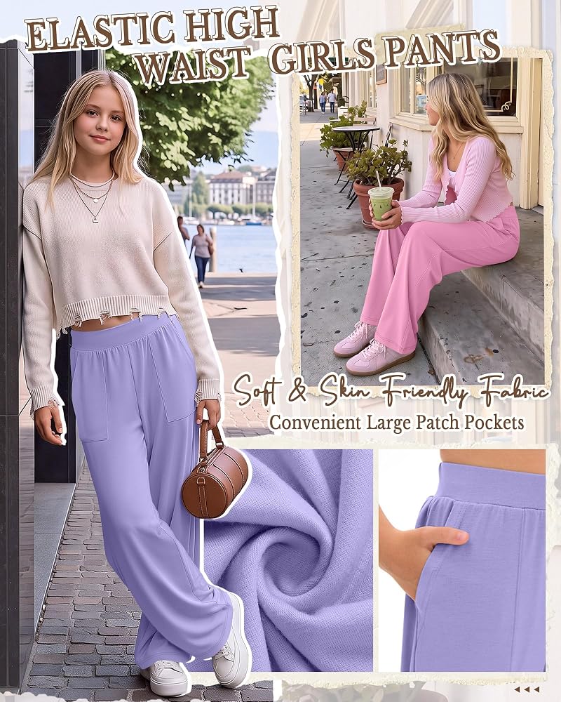 4 Pack Girls Wide Leg Lightweight Pants - Elastic Waist, Pockets, 5-14Y (Light Pink, Purple, Rose Pink, Haze Blue)