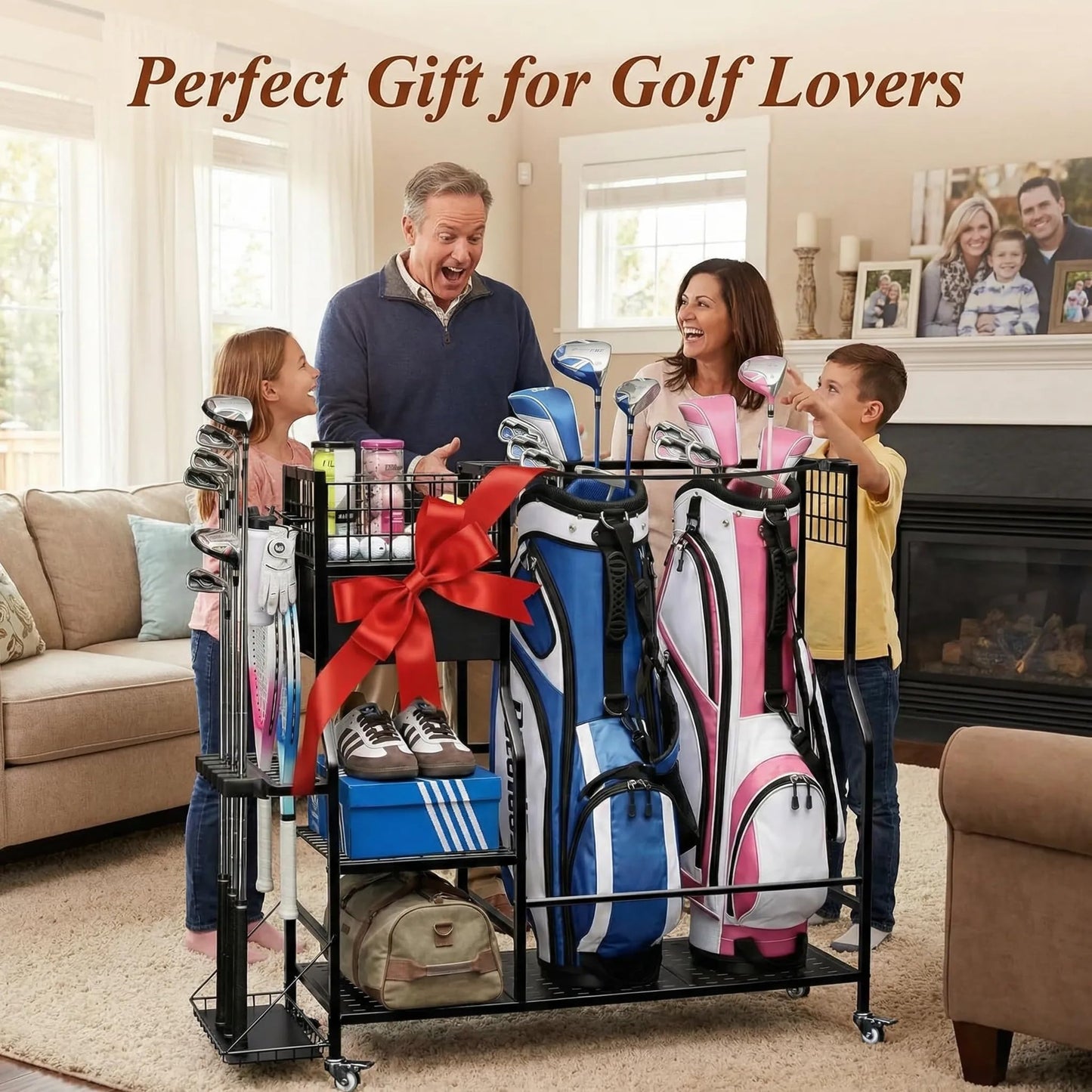 Faesun Golf Bag Organizer for Garage, Golf Bag Storage Rack with 6 Club Slots, Golf Club Organizer with Fabric Drawer & Wheels, Golf Storage Organizer Holds 2 Bags, Golf Rack Storage System