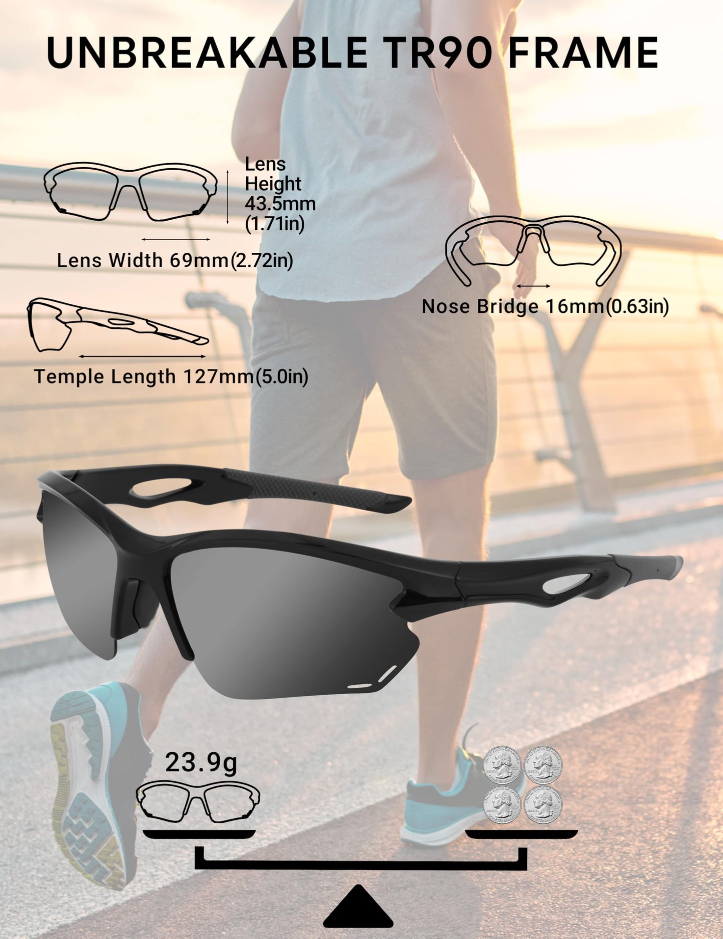 BIRCEN Mens Polarized Sunglasses for Sports: TR90 Lightweight Sun Glasses Wrap Around Shades for Fishing Driving Cycling