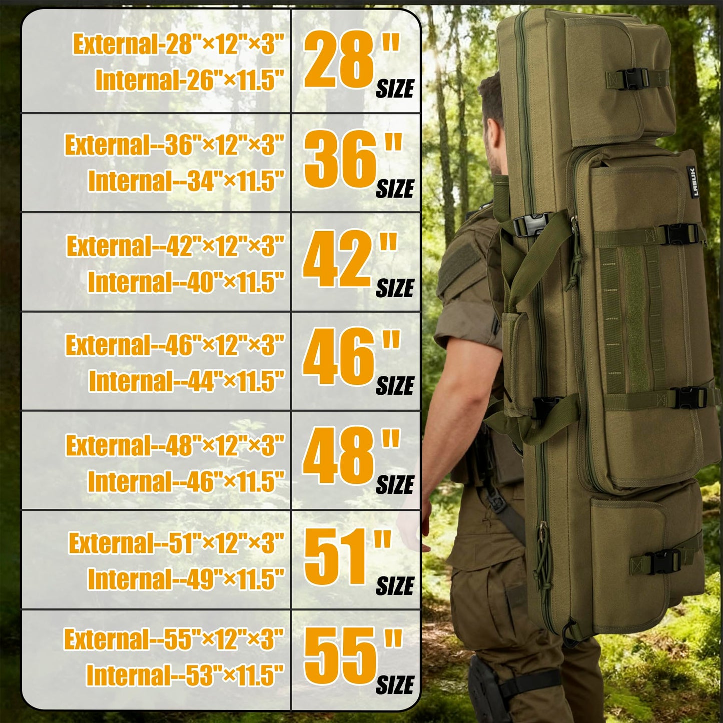 LASUK 42" Double Rifle Case Soft Gun Bag Tactical Backpack, Green