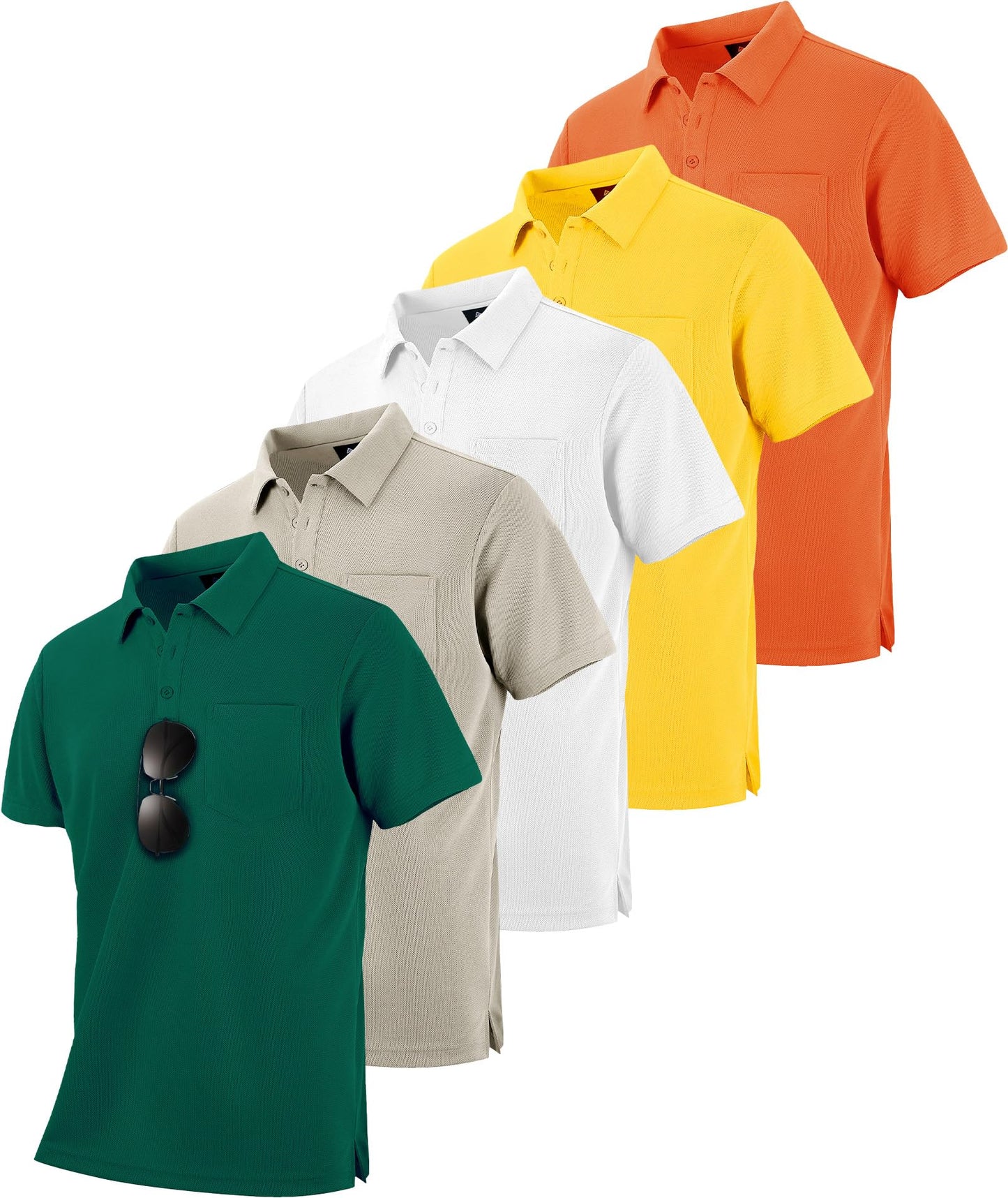 SCODI 5 Pack Mens Pocket Polo Shirts Short Sleeve Multipack Golf Shirt for Men Moisture Wicking Casual Athletic Work T-Shirts White ForestGreen Lightkhaki Yellow Orange XL