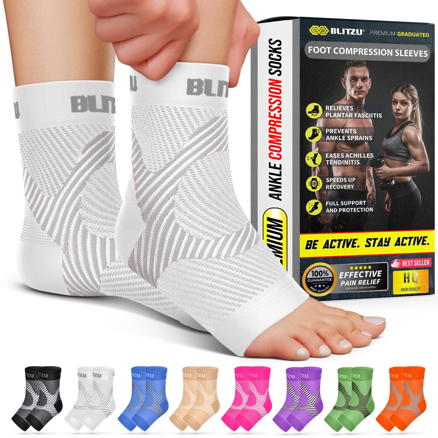 Compression Socks for Plantar Fasciitis, Achilles Tendonitis, Arthritis Relief, Ankle Brace Compression Sleeve with Foot Arch Support, Ankle Wrap for Women, Men, Swelling & Heel Pain White L-XL