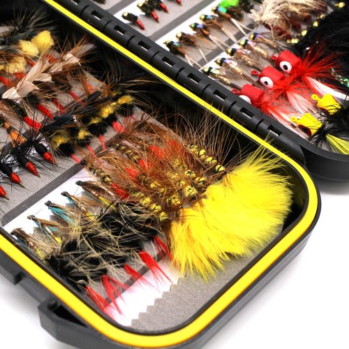 Fly Fishing Flies Assortment Kit Dry Wet Nyphms Tenkara Popper Streamer Woolly Bugger for Trout Bass Salmon Steelhead with Fly Box (100PCS Fishing Flies Kit)