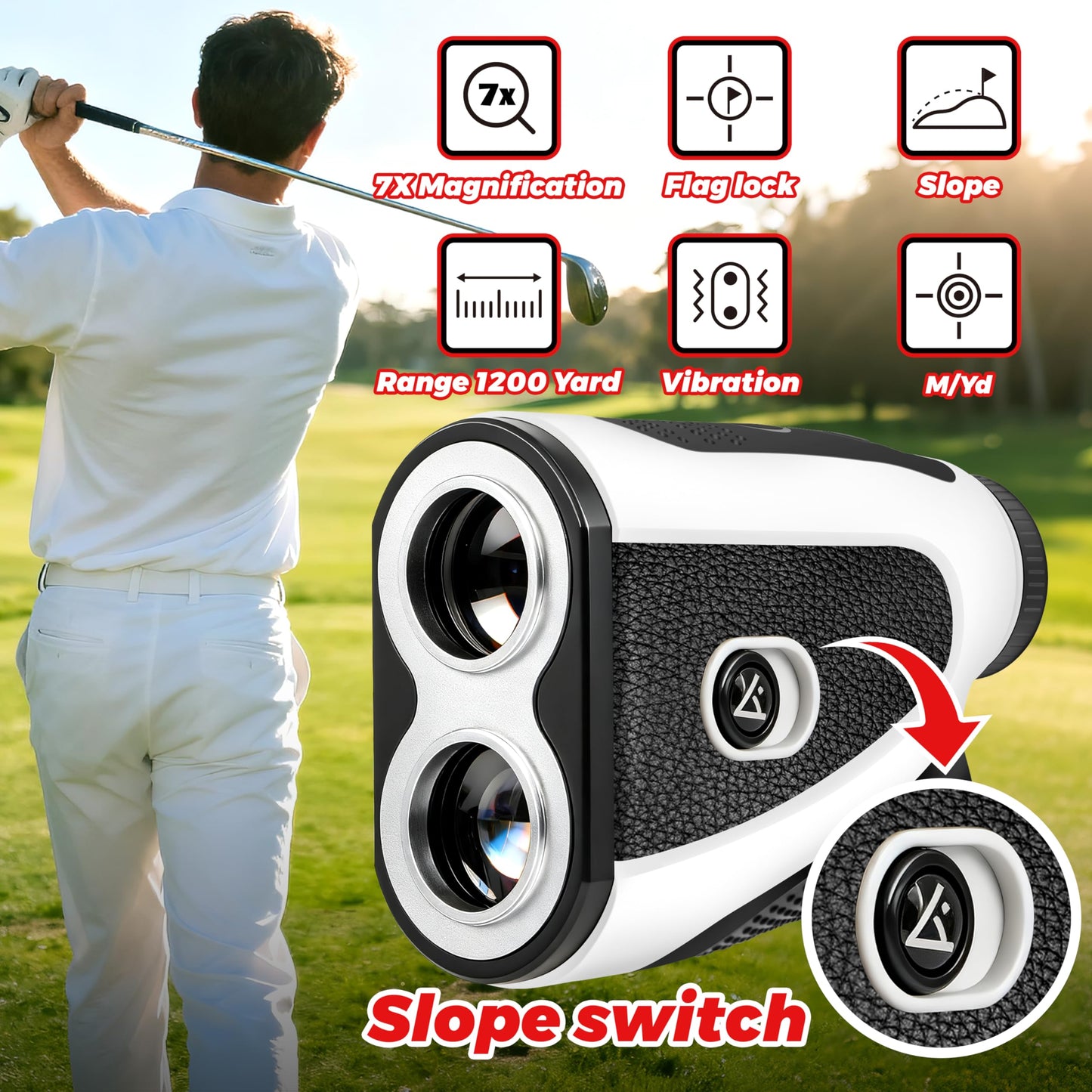 Golf Laser Rangefinder with Slope, 7X Magnification, 1200 Yard Distance Measuring Range Finder with High-Precision Flag Pole Locking Vibration Function Slope Mode Continuous Scan,External Slope Switch
