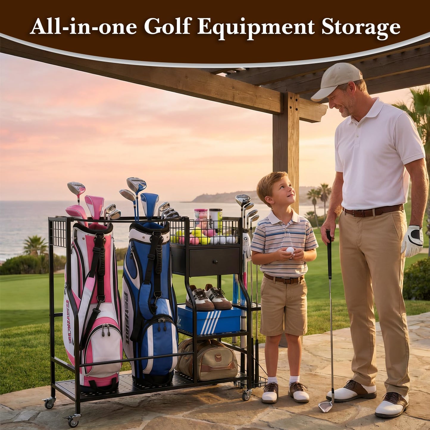 Faesun Golf Bag Organizer for Garage, Golf Bag Storage Rack with 6 Club Slots, Golf Club Organizer with Fabric Drawer & Wheels, Golf Storage Organizer Holds 2 Bags, Golf Rack Storage System
