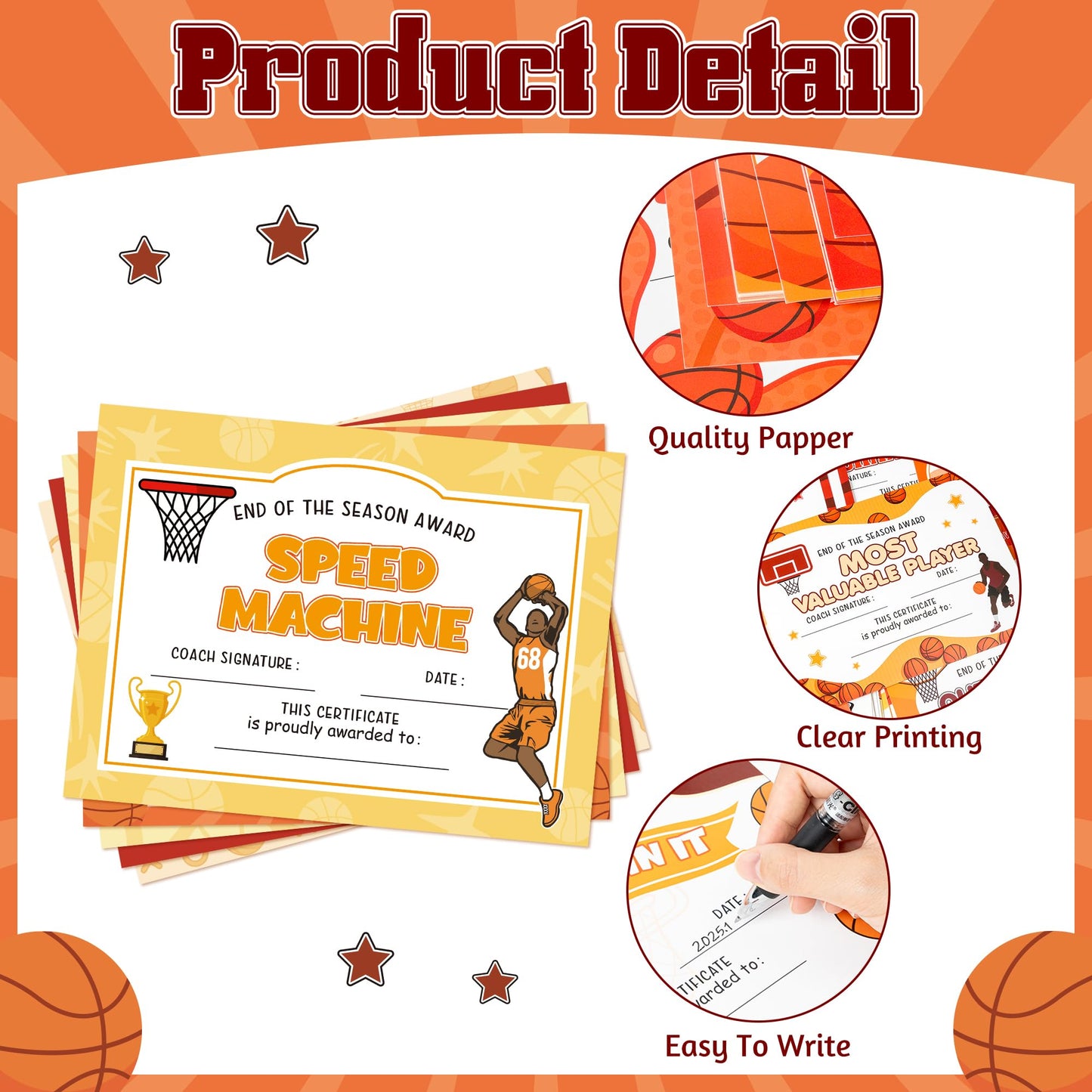 EYxsaxenk Basketball Achievement Award Certificates - 60Pcs End of Season Basketball Team Sport Game Ceremony Award Paper Achievement Certificates School Student Reward Teacher Class Motivation Supply