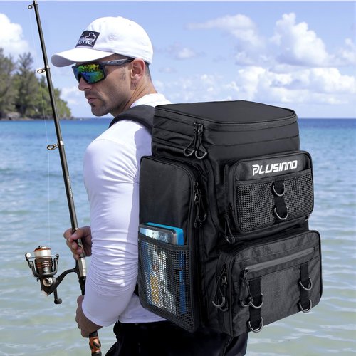 PLUSINNO Fishing Backpack With Rod Holder, 42L Water-Resistant Fishing Gear Tackle Box Backpack, Fishing Tackle Bag For Men