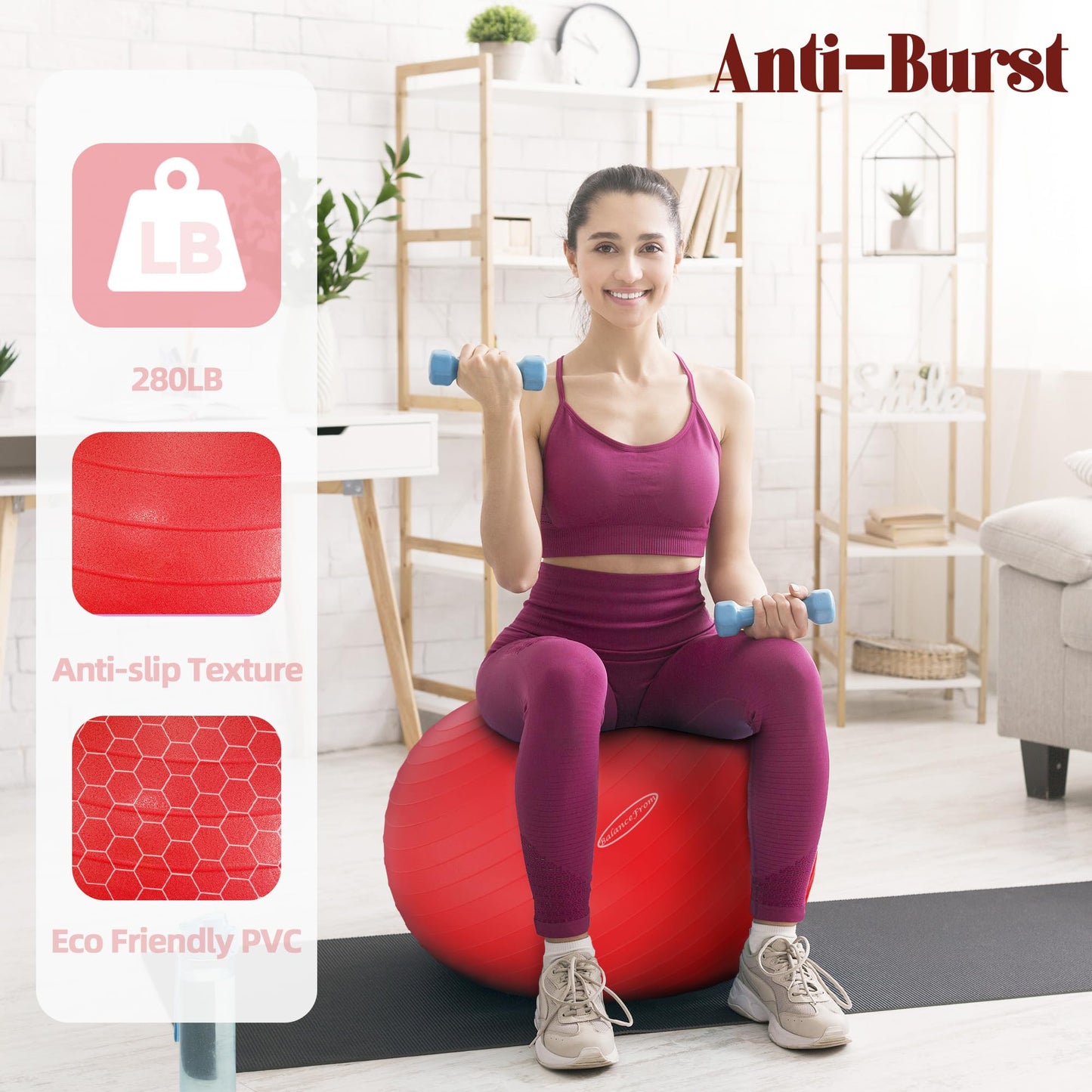 Fitvids Anti-Burst and Slip Resistant Exercise Yoga Ball with Quick Pump 68-75cm, XL, Red