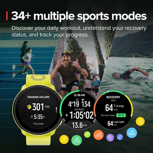 SUUNTO Run Sports Watch, 1.32" AMOLED Touchscreen w/Crown Button, 12D Battery Life, Dualband Accurate GPS, Running Wrist Heart-Rate & Sleep Health Tracking, 35g Lightweight & 4GB Offline Music, Lime