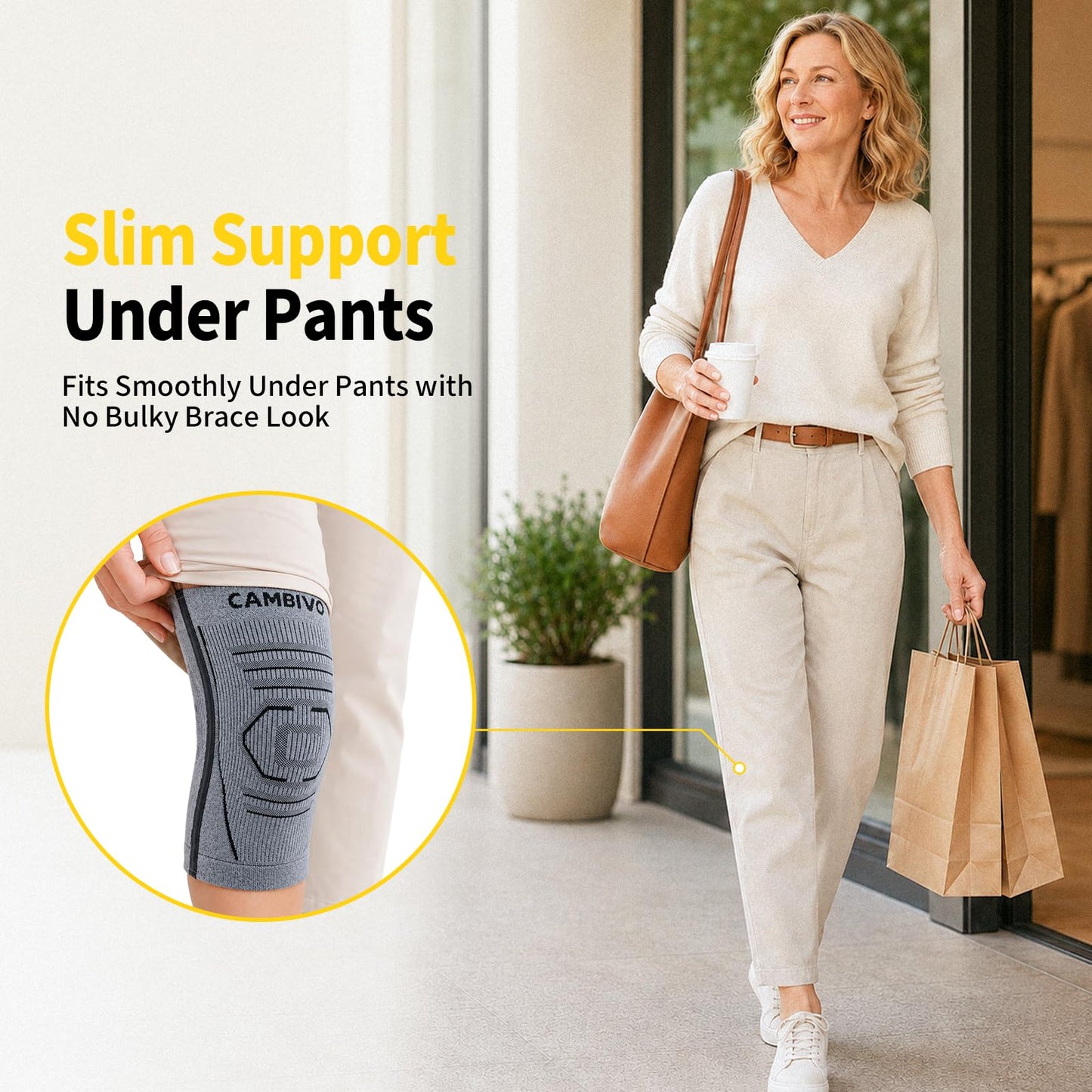 CAMBIVO 2 Pack Knee Brace for Women & Men, Latex Free & Silicone Free Compression Knee Sleeves with Side Stabilizers, Lightweight Knee Support for Arthritis, Meniscus, Walking, Running (Gray, Large)