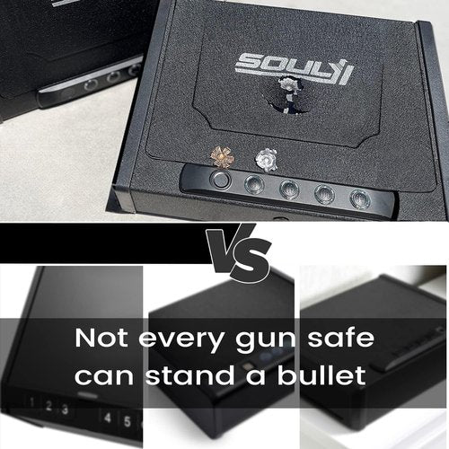 SOULYI Biometric Fingerprint Gun Safe for 3 Pistols Safe DOJ Certified with 3 Quick Access Handgun,Digital Keypad Matt Black Bedside Firearm Safety Car Safe Hardened Steel Lock Box