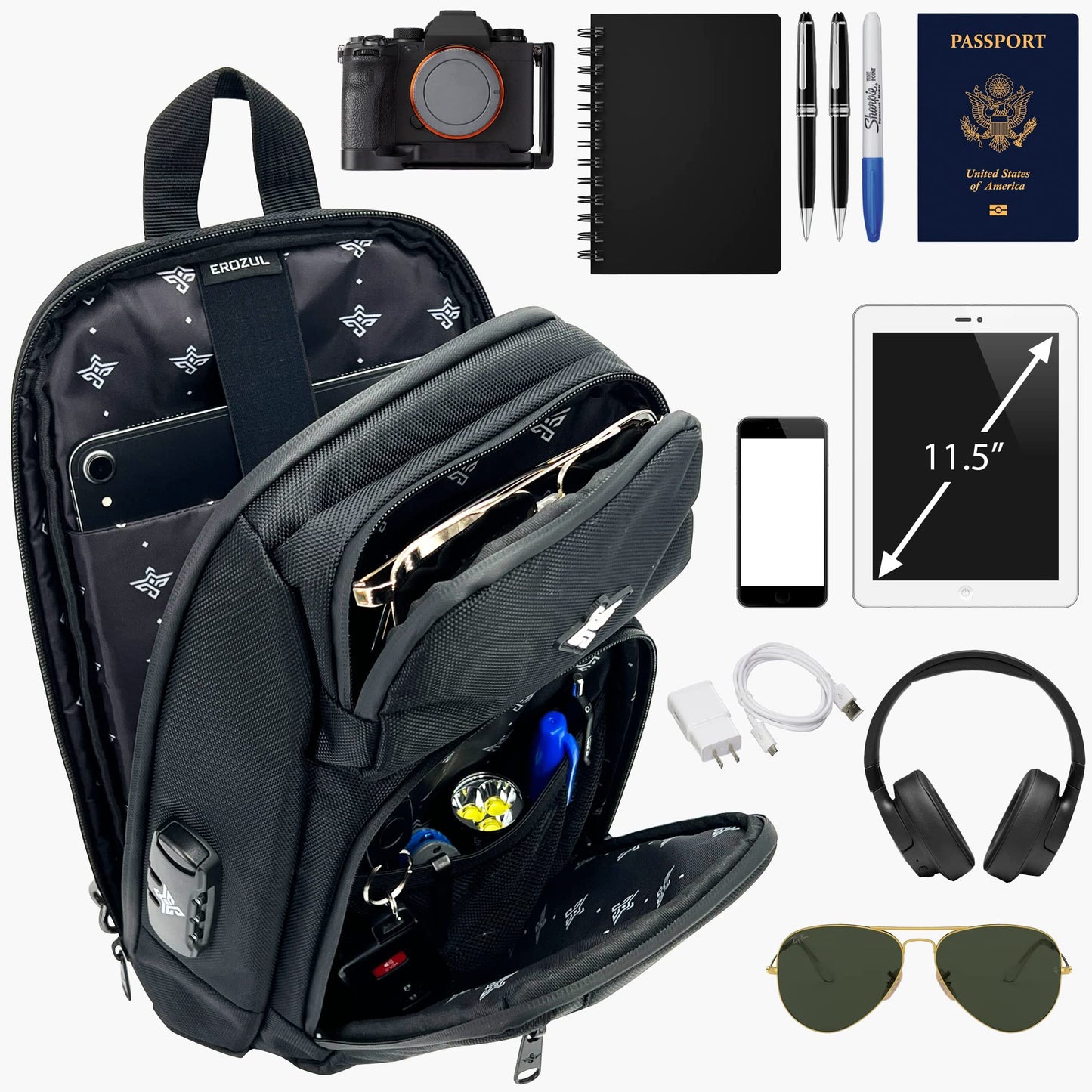 Erozul Equinox Sling Backpack Anti Theft Combination Lock Chest Shoulder Bag Waterproof Crossbody Casual Daypack (Black)