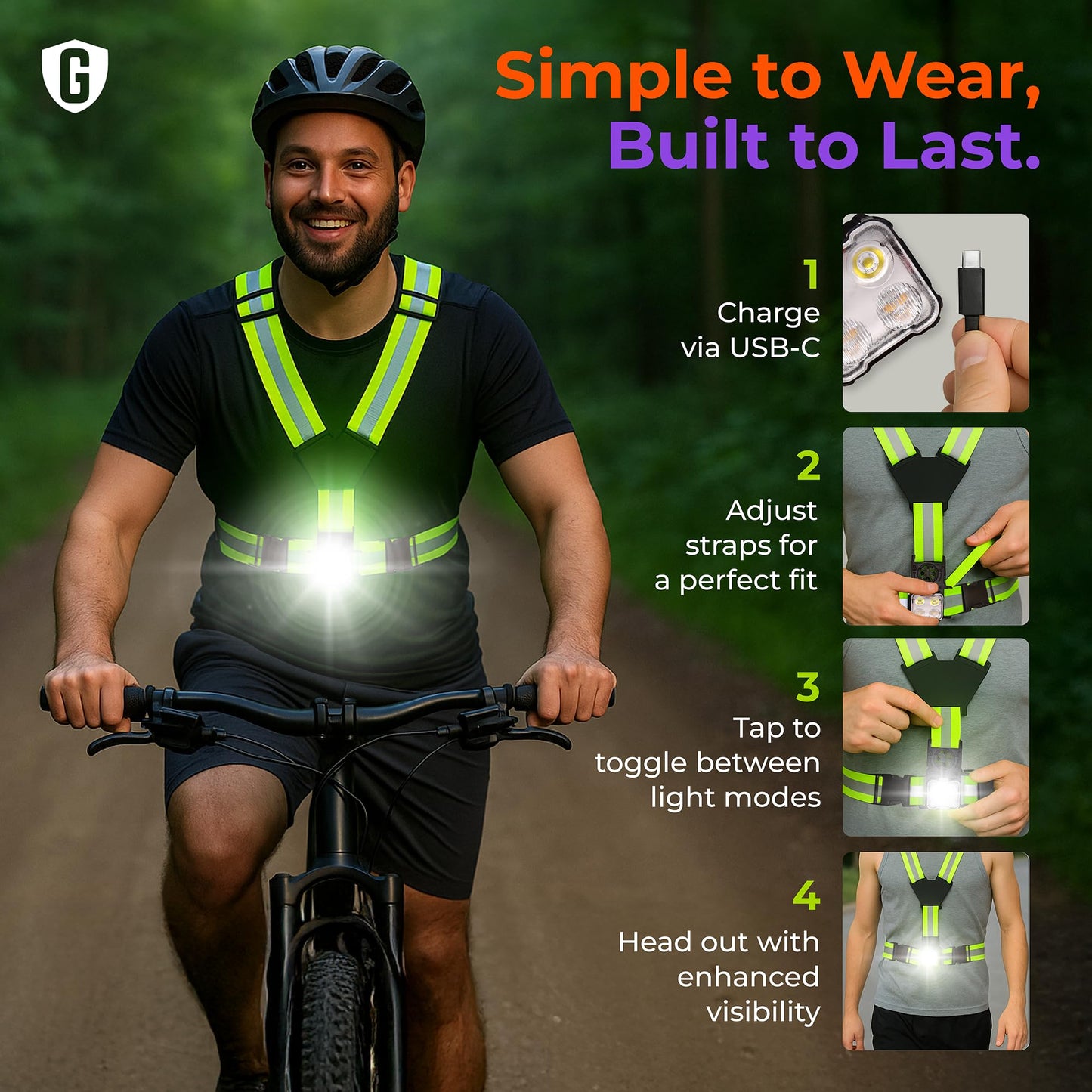 GREERRIDE Running Light Vest - Lighted Vest for Night Walking with Removable Rechargeable LEDs, Reflective Safety Gear for Men and Women to Provide High Visibility, Gift for Runners and Bikers