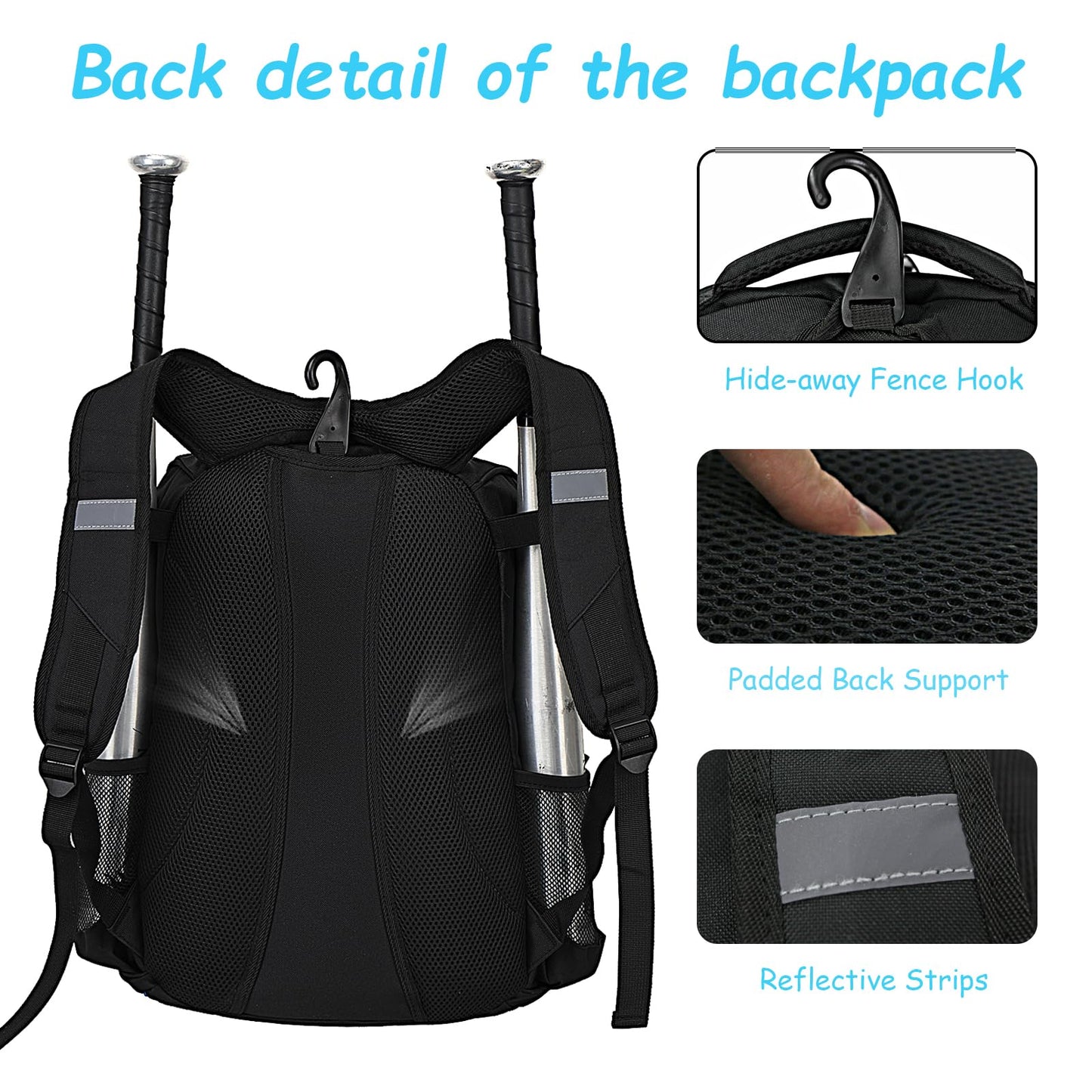 LARIPOP Youth Baseball Bag, Bat Backpack with Fence Hook & Separate Shoe Compartment, Waterproof Equipment Bag for Baseball, T-Ball & Softball