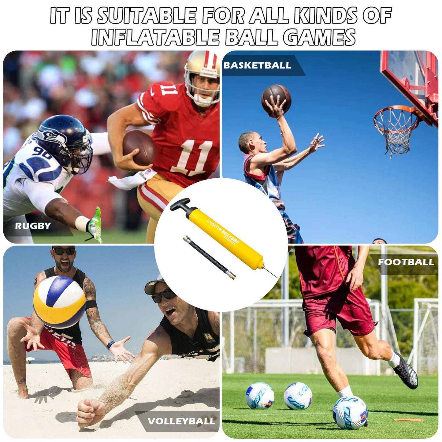 Ball Pump with Needle Storage in Handle - 5 Metal Needles, Flexible Hose - for Soccer, Basketball, Volleyball, Handball - Yellow