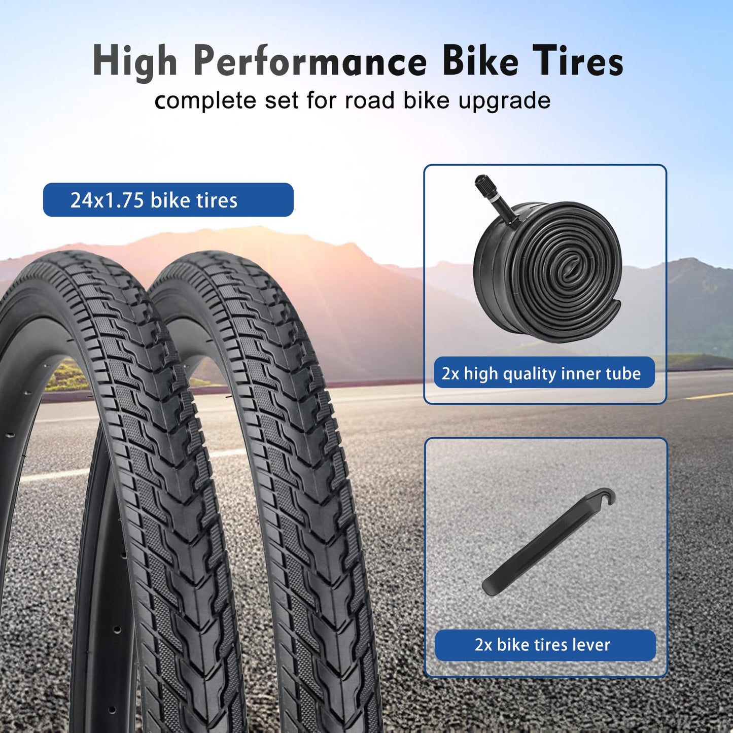 24 Inch Bike Tires Replacement Kits 2 Pack, HUIOK 24x1.75 Bicycle Tire Folding 24 Bike Tire Replacement with 2 Tubes and 2 Levers Suitable for Bicycle Tires 24x1.75 24x1.95 24x2.0