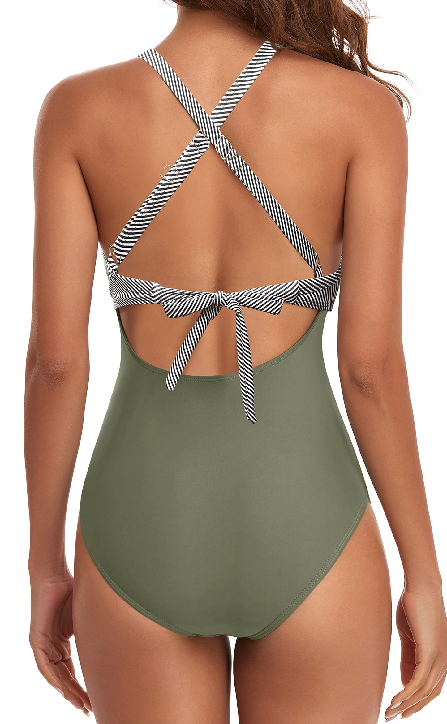Eomenie Women's One Piece Swimsuits Tummy Control Cutout High Waisted Bathing Suit Wrap Tie Back 1 Piece Swimsuit Green Stripes