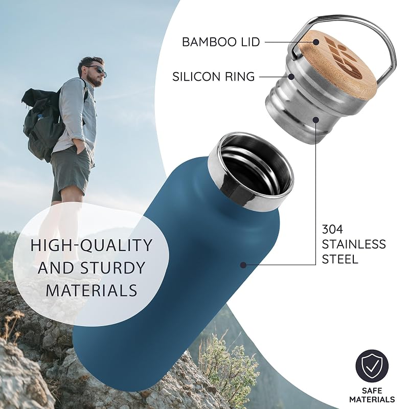 Aegean Blue Bambaw 12 oz Insulated Water Bottle – Stainless Steel Hot & Cold Bottle, Wide Mouth, Fits Cup Holder