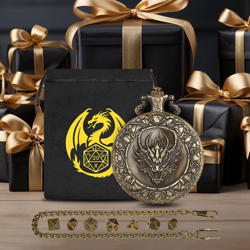 Mini DND Dice Set, with Steampunk Dragon Head Pocket Watch Shell Case, 7-Piece Polyhedral Metal D&D Dice, DND Gift Bag with Dragon Logo, RPG, MTG, Role Play Board Game Accessories, Bronze
