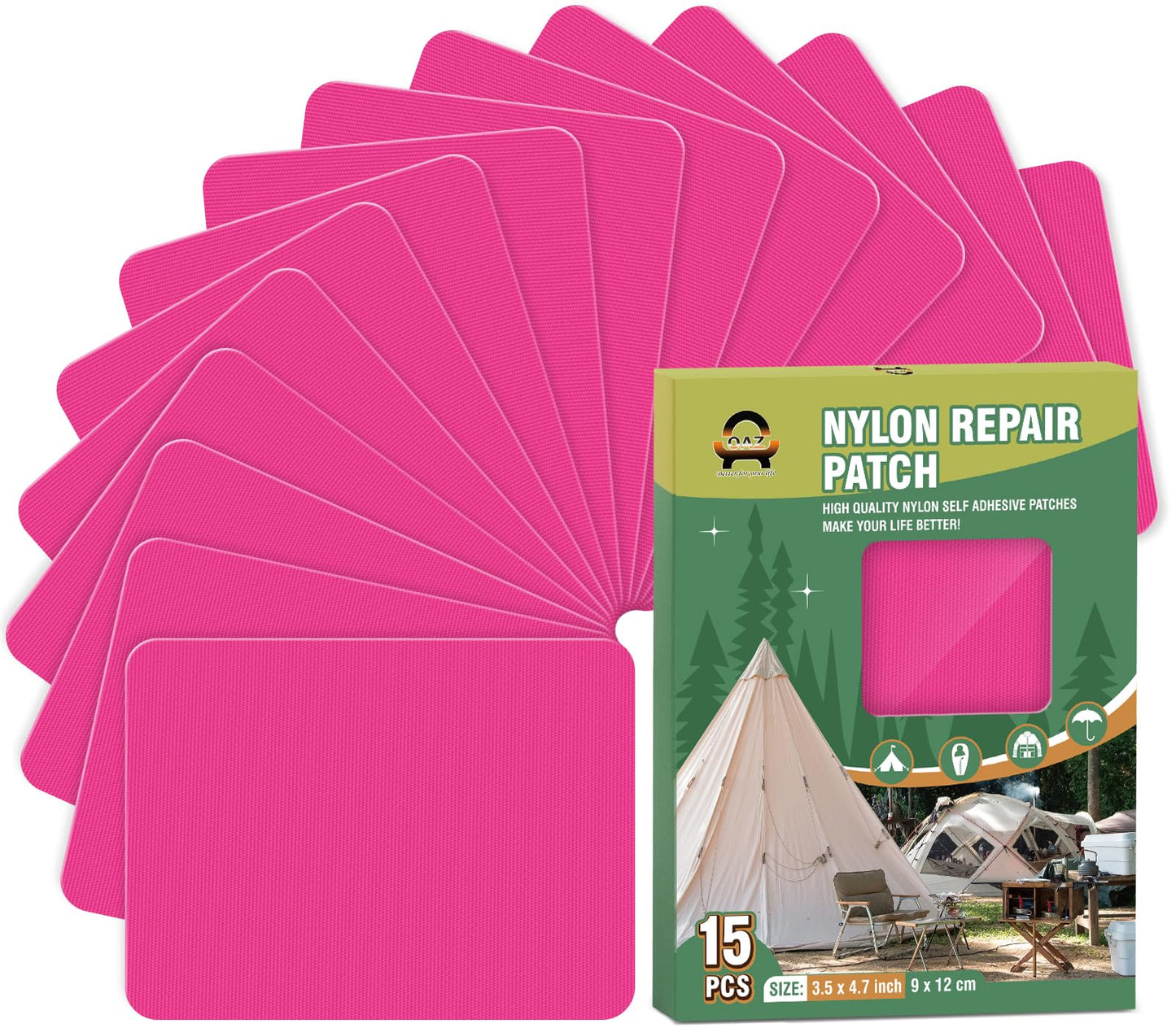 OAZ 15 Pieces 3.5 x 4.7 inch Nylon Repair Patches Nylon Fabric Patch Self-Adhesive Tent Repair Tape Waterproof Lightweight Repair Patches Repair Patch Kit for Clothing Down Jacket Bag (Dark Pink)