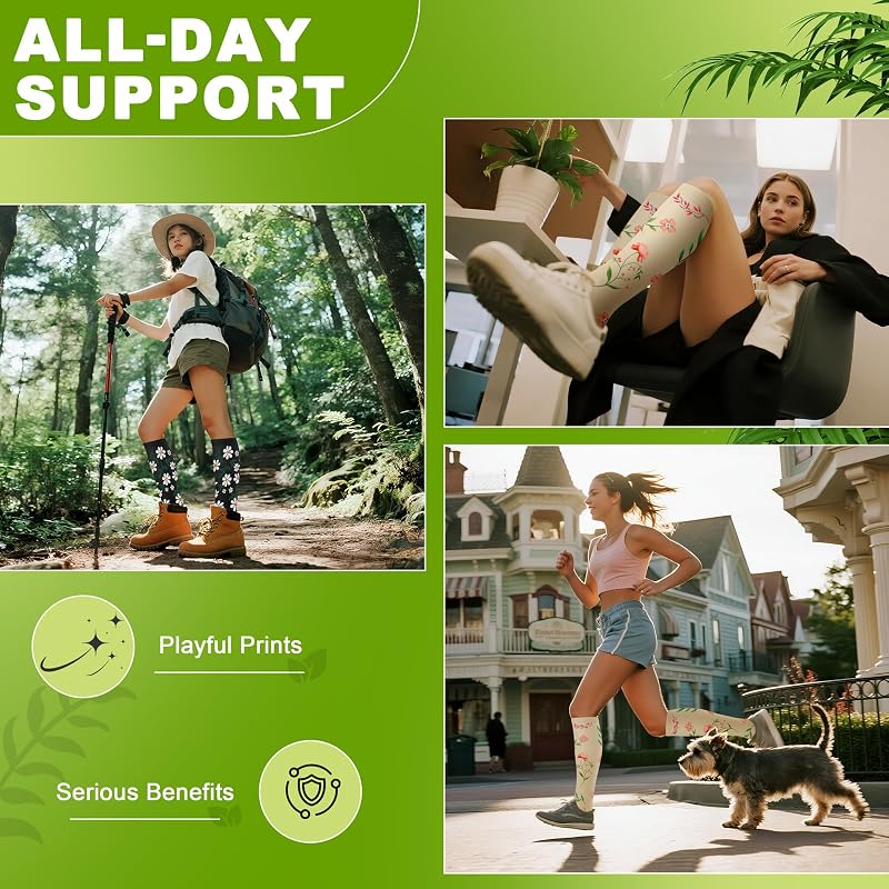Knee High Compression Socks 20-30 mmHg Unisex Running Travel - Variation A-wflower Large-X-Large