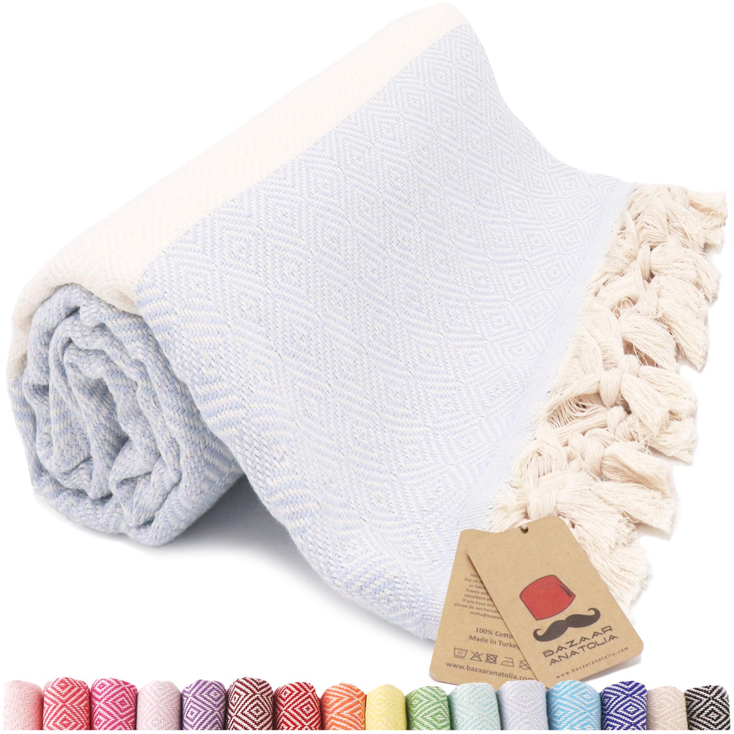 Bazaar Anatolia Turkish Beach Towel – 100% Cotton, Quick Dry, Sand Free Towel for Bathroom, Camping, Travel – Oversized 71x39 Inches – Diamond Light Blue