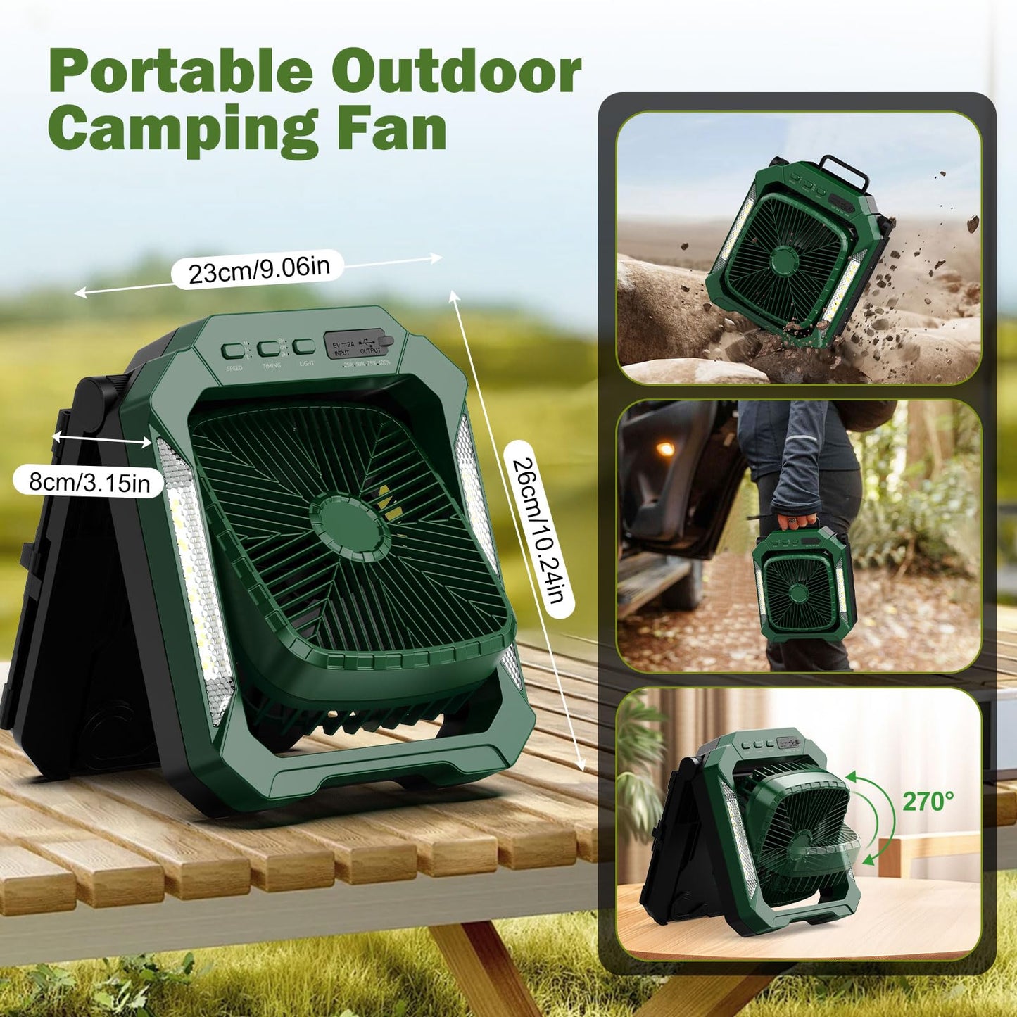 26800mAh Solar Battery Camping Fan, 3 Speeds Portable Fan with 18W Detachable Solar Panel, Rechargeable Desk Fan with LED Light & Timing Function, Outdoor Hurricane Tent Power Bank for Home Office