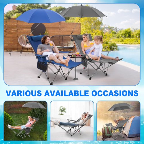 Yuntau 2 Set Reclining Camping Chair with Umbrella Clamp, Adjustable Beach Chair with Foot Rest, SPF 50+, Folding Shade Camping Lounger Recliner for Adult Outdoor(Grey,Blue,Oxford)