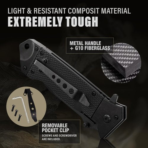 Spring Assisted Heavy Duty Pocket Knife for Men with G10 Handle & Pocket Clip - 3.5" Tanto Blade - Folding Tactical Self Defense Japanese Knives - for Hunting Camping Military Survival Work EDC 6688 B