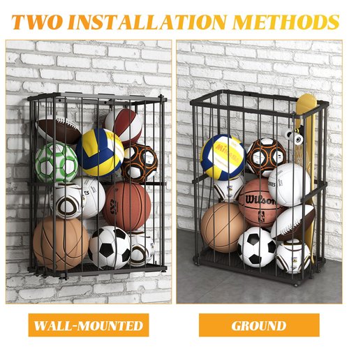 Garage Ball Storage Wall-Mounted & Floor Sports Equipment Organizer: Sports Ball Rack with Elastic Rope, Ball Holder for Basketball, Soccer, Volleyball, Football, Garage, Gym, Black(Patent Pending)