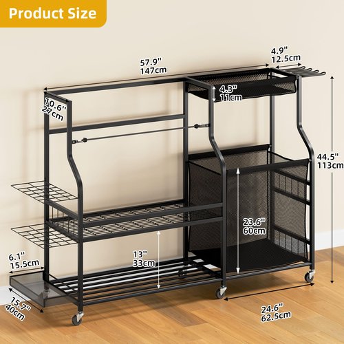 DWVO Sports Equipment Organizer, 3 Golf Bags Storage Stand with Wheels, Sport Gear Accessories Rack and Ball Organizer Bin for Garage