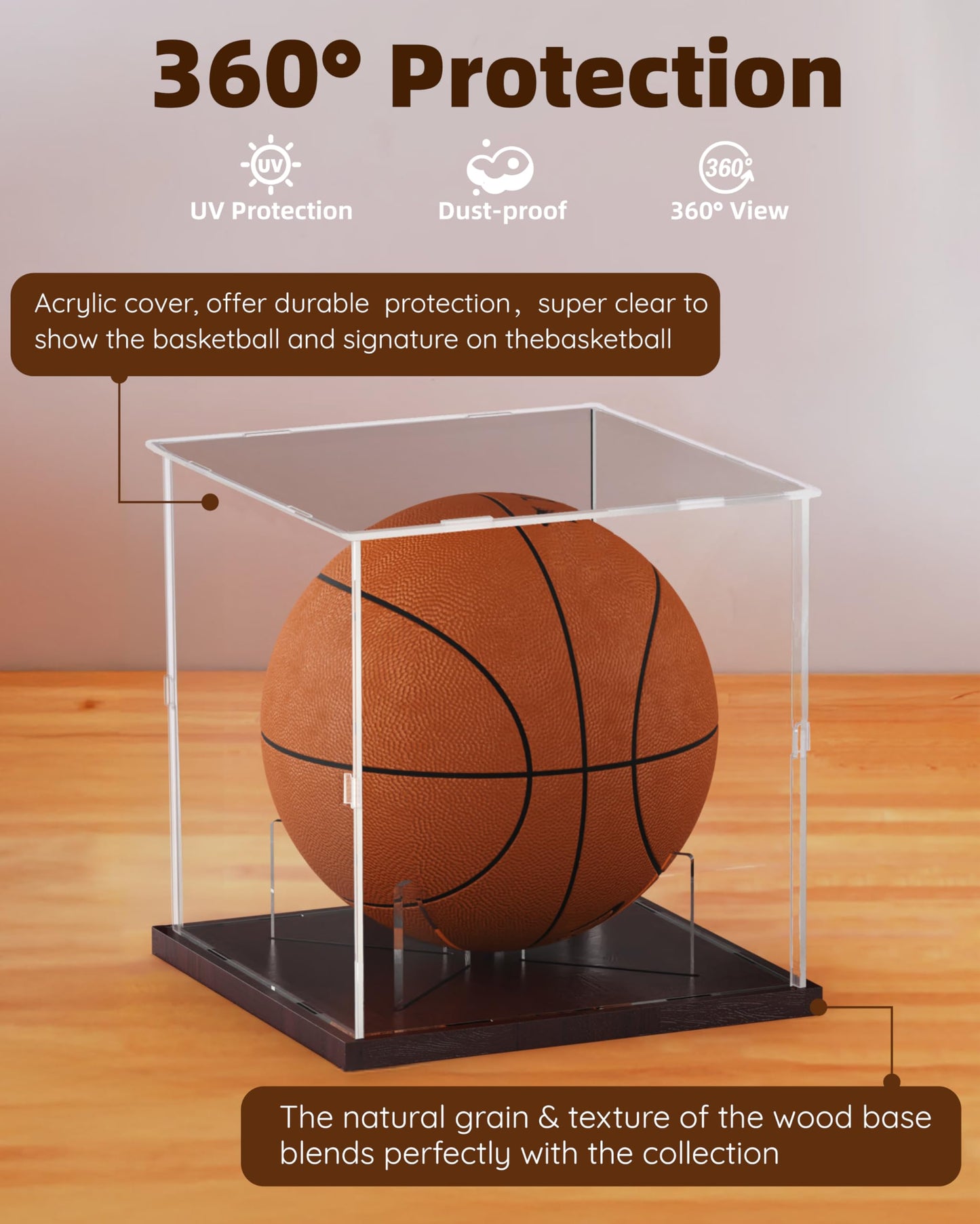 Fitense Full Size Acrylic Basketball Display Case with Solid Wood Base