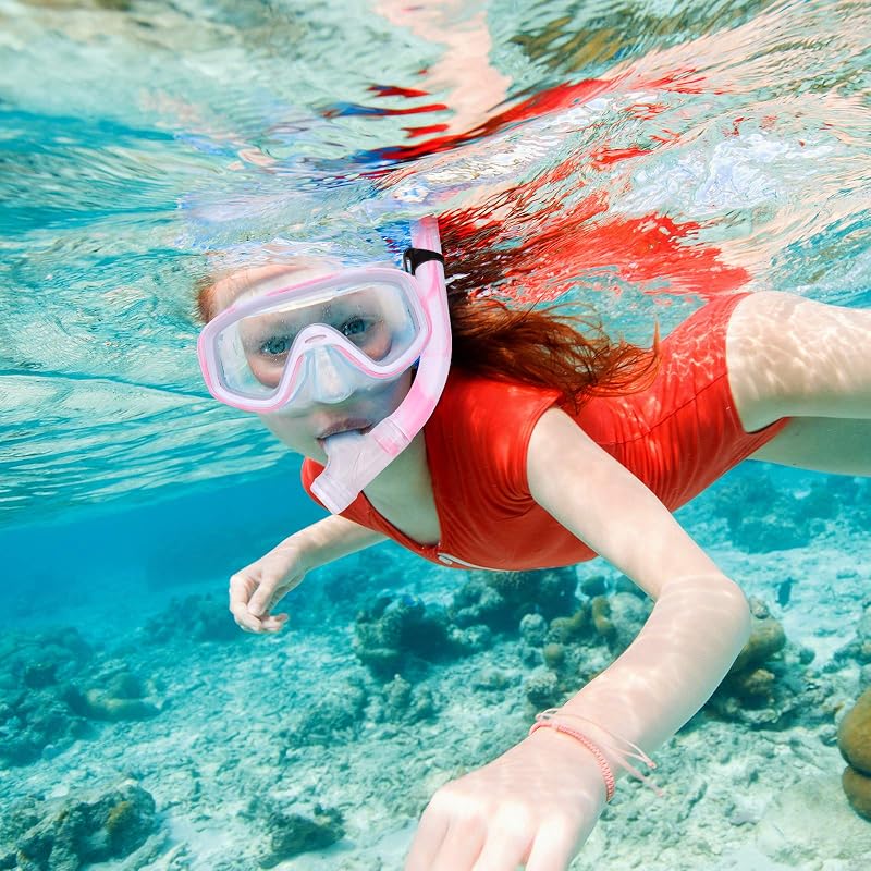 Kids Snorkel Set with Anti-Fog Mask & Dry Top Snorkel - Pink/White