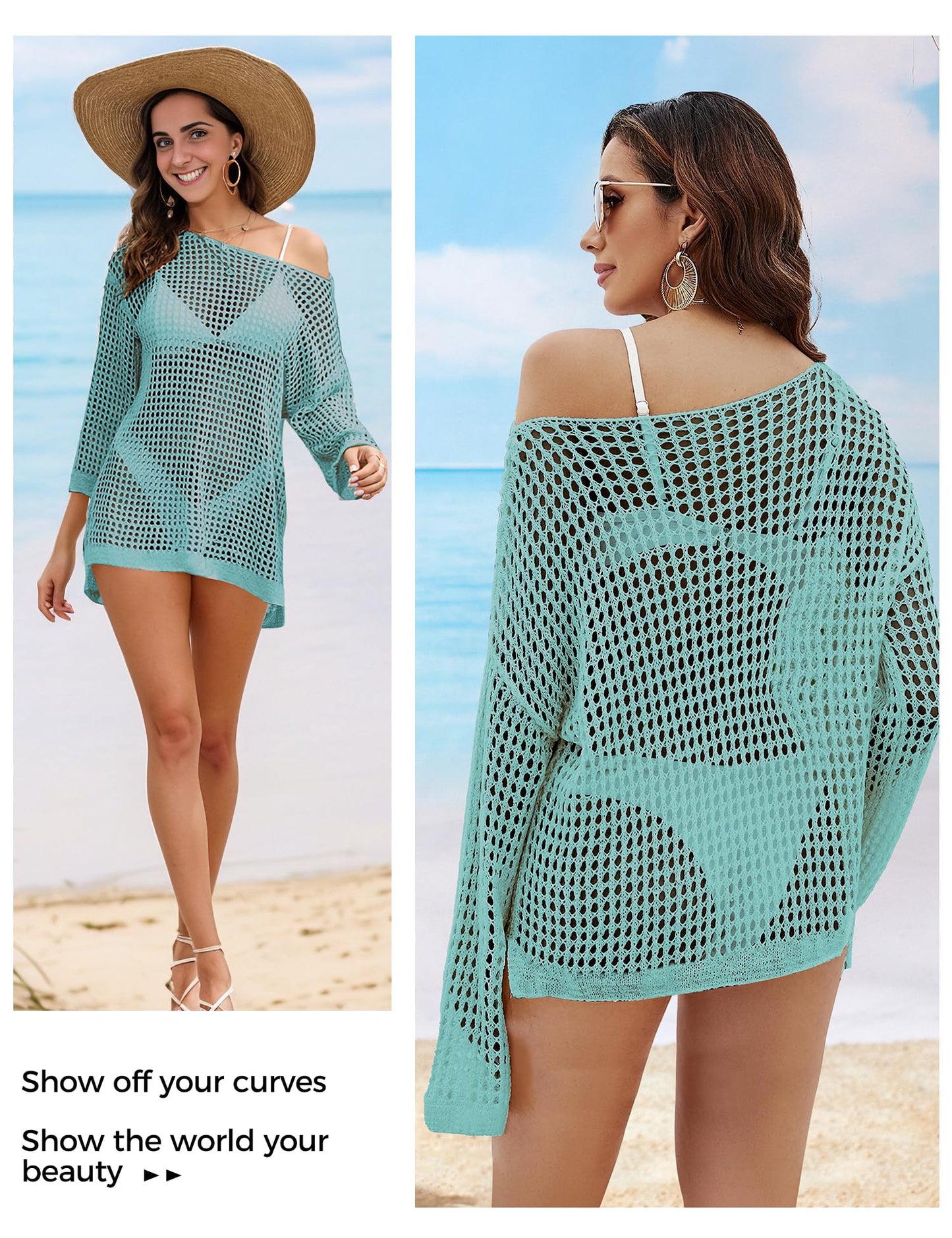 Buauty Swimsuit Cover Up for Women, Crochet Boat Neck Off Shoulder Beach Bikini Cover Up Dress, Summer Vacation, S-XL