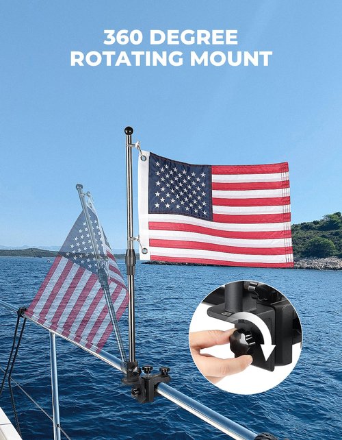 KEMIMOTO Boat American Flag Pole Kit, 360° Adjustable 12''x18'' Pontoon Boat Flag, for 0.8''-1.35'' Round/Square Rails, 2.5ft Pole for Boat & Golf Cart, Pontoon Boat Accessories (Flag Included)