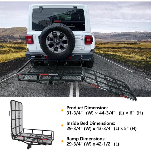 ECOTRIC Hitch Mount Wheelchair Carrier with Mobility Ramp for Wheelchair Scooter Lawn Mower Snow Blower Hauler 500lb Capacity Basket-Style