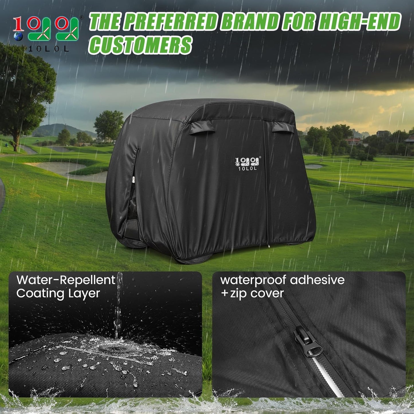 10L0L 2/4/4+2 Passenger Golf Cart Cover Fits for Yamaha EZGO Club Car, 420D Waterproof Durable Polyester Golf Cart Cover with Three Zipper Doors Windproof Sunproof - Black