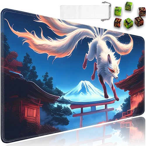 for MTG Game Playmat - 24 x 14 inches with Dices and Storage Bags, Non-Slip Base for TCG and Board Game Card Mats, Trading Card Games Mat, Nine-Tailed White Fox Pattern Collectible Card Playmats
