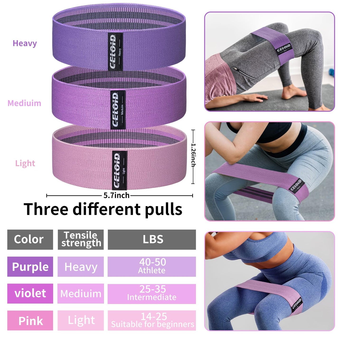 CELOID Resistance Bands Set,Exercise Bands with Non-Slip Design for Hips & Glutes,3 Levels Workout Bands for Women and Men,Booty Bands for Home Fitness,Yoga,Pilates,Purple Set