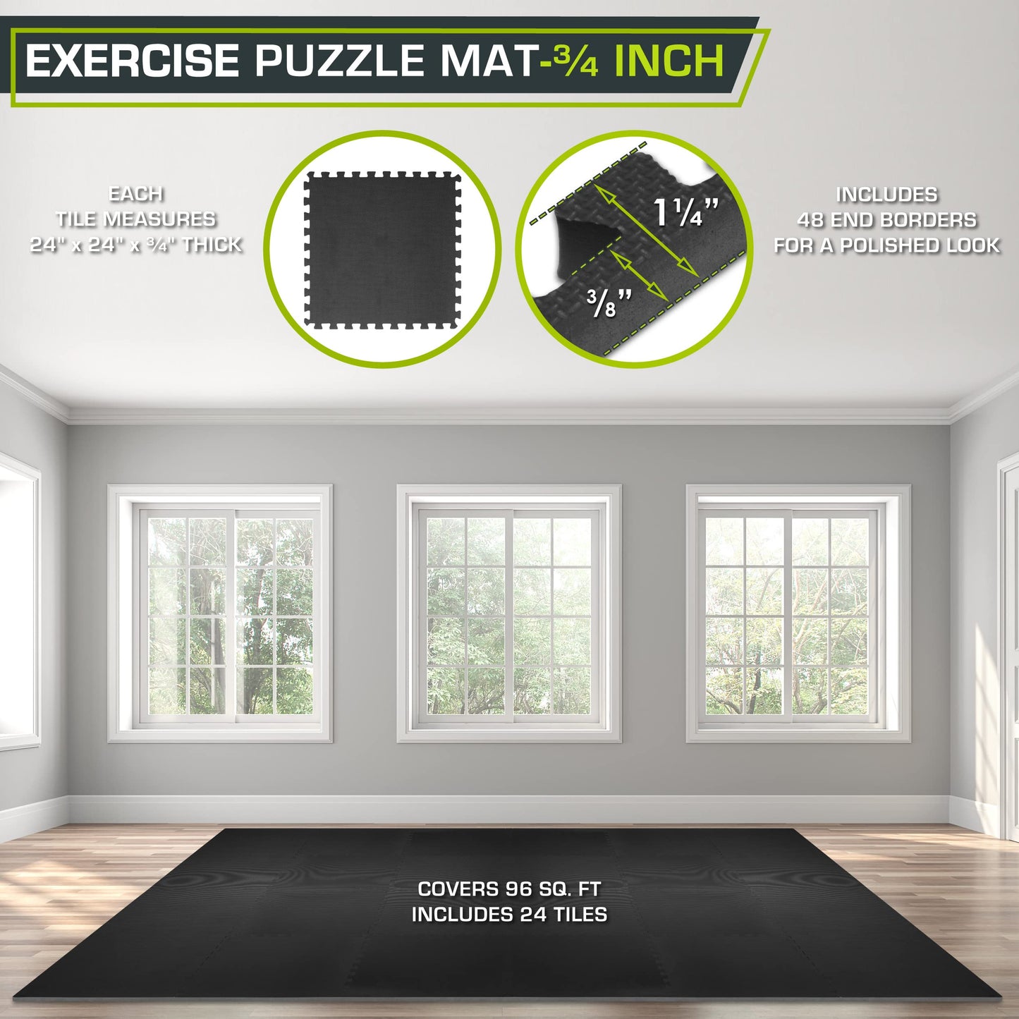 ProsourceFit Weaved Pattern Extra Thick Exercise Puzzle Mat ¾-inch, EVA Foam Interlocking Tiles for Protective, Cushioned Flooring for Home and Gym Equipment; Black, 96 SQ FT, 24 Tiles
