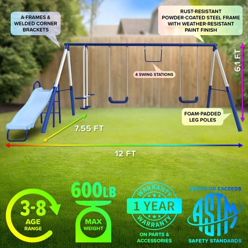 Sportspower Arcadia Star Burst Swing Set: Outdoor Heavy-Duty Metal Playset for Kids Aged 3-8 with LED Light Up Slide, Swings & Trapeze