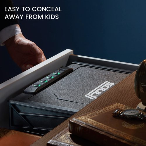 SOULYI Biometric Fingerprint Gun Safe for 3 Pistols Safe DOJ Certified with 3 Quick Access Handgun,Digital Keypad Matt Black Bedside Firearm Safety Car Safe Hardened Steel Lock Box