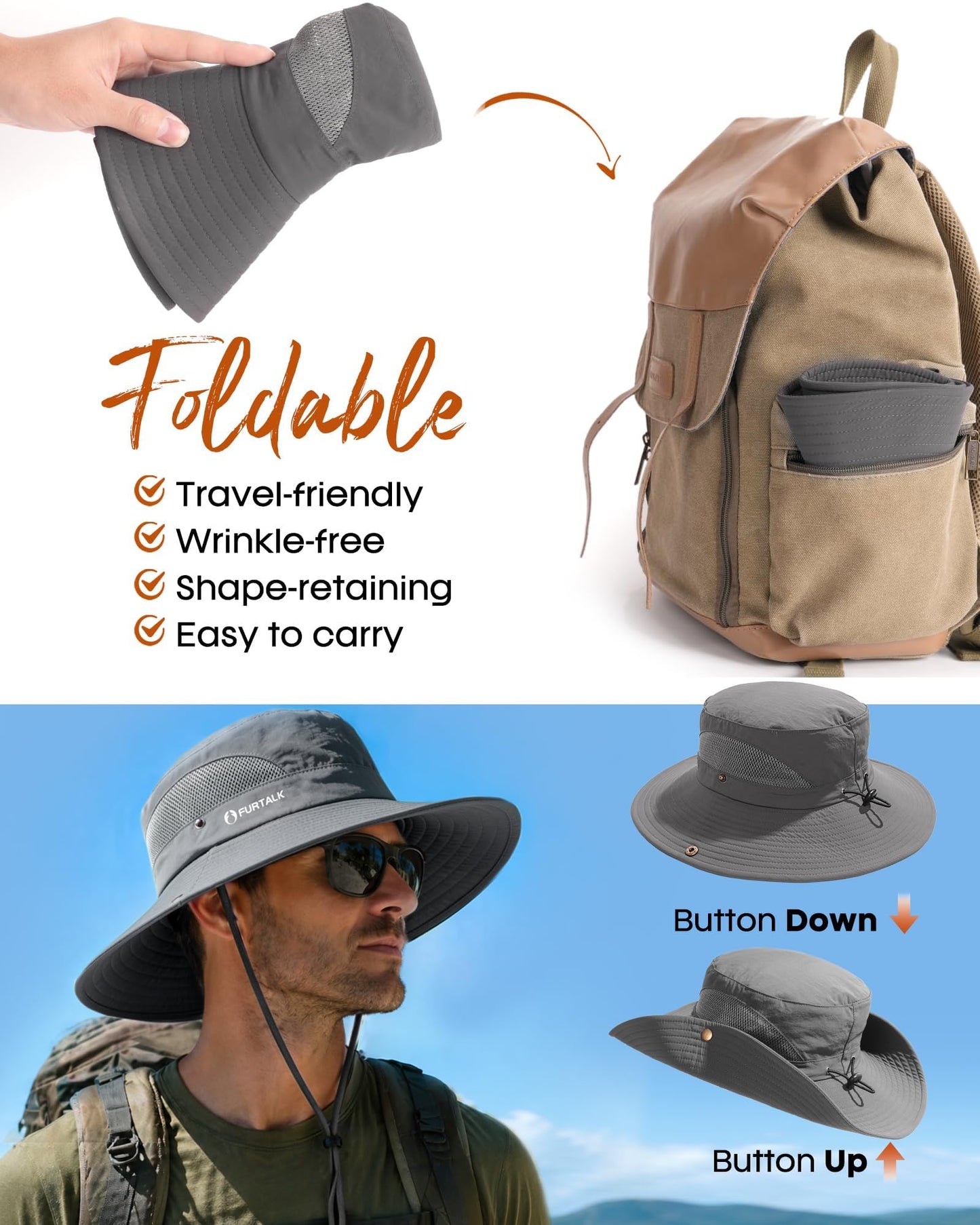 FURTALK Mens Bucket Sun Hat UPF Protection Wide Brim Breathable Fishing Hat